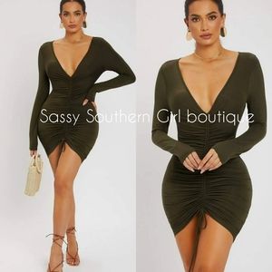 C⭐🆕Army green ruched drawstring bodycon
